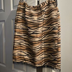 Silkland Animal Print Silk Beaded Fringe Trim Skirt